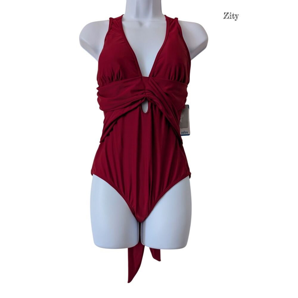 NWT Zity Sports One Piece Swimsuit Red Wrap Tie Open Back Cutout Small